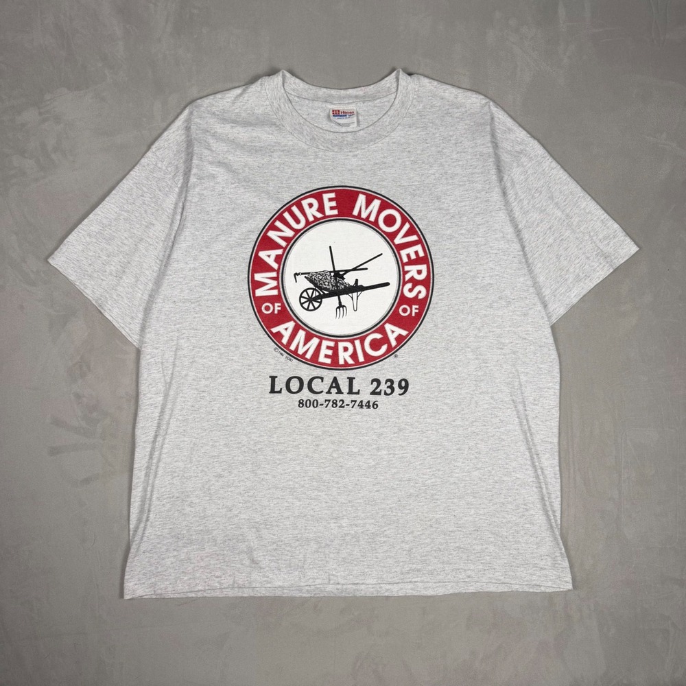 90s Mens Hanes Manure Movers of America Graphic Tee Vintage Humor Grey XL